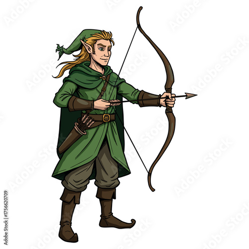 Male elf archer in green attire draws a bow, ready to shoot an arrow, featuring pointy ears and a quiver of arrows. Vector illustration