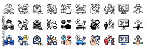 Set Of Big Data icon collection. with Outline, Glyph and Flat Line style. Containing Nanotechnology, Cyber Security, Gene Editing, Wearable Technology, Electric Vehicle.