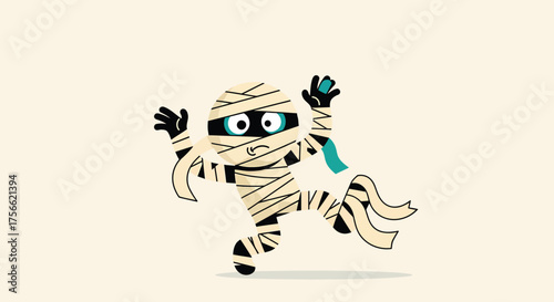 Cartoon mummy dances playfully on beige surface during halloween season, expressing spooky fun and lightheartedness.