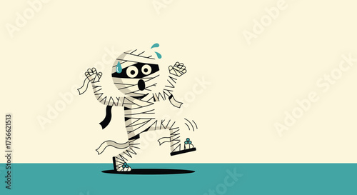 Cartoon mummy running in fear across a green floor with bandages unraveling, expressing panic and humor in a lighthearted style.