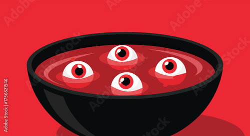Eyeballs floating in red liquid inside black bowl creating spooky halloween themed image, perfect for holiday invitations and digital art projects.