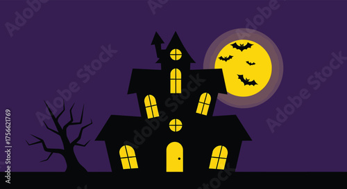 Spooky haunted house stands silhouetted against a full moon with bats flying in the night sky, creating a chilling halloween atmosphere.