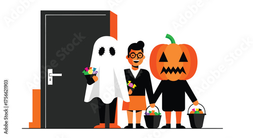 Children trickortreating in costumes going door to door on Halloween night, excited and festive. featuring stunning details and textures.