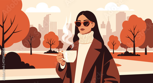 Stylish woman enjoys a hot beverage in the park on a crisp autumn day, surrounded by colorful trees and city skyline in the distance, creating a cozy and serene atmosphere.