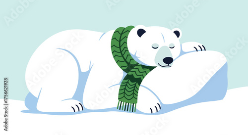 Polar bear sleeps soundly on snowy iceberg wearing green scarf in arctic environment, depicting peaceful winter scene.