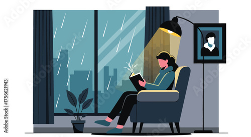 Woman reading book in armchair by window on rainy day, enjoying quiet time and cozy atmosphere indoors.