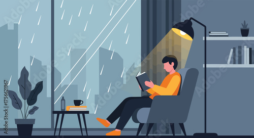 Man reading book in armchair near window on rainy day, enjoying quiet time at home with coffee and plant in cozy atmosphere.
