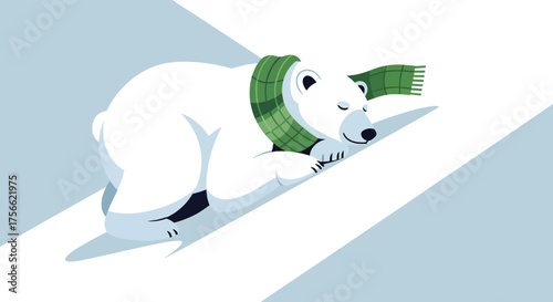 Polar bear sleeping peacefully on snowy slope wearing green scarf, enjoying winter nap in arctic environment, creating serene and calm atmosphere.