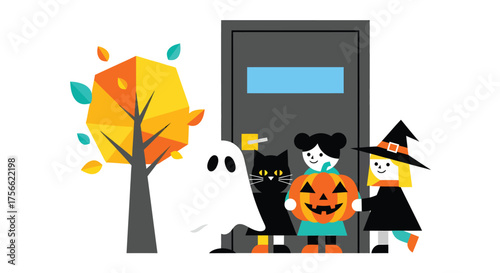 Children trick or treating at a door dressed as a ghost, witch, and cat with a pumpkin on Halloween night, creating a festive and spooky atmosphere.