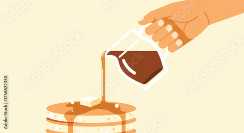 Hand pouring syrup over stack of pancakes in bright kitchen, creating a sweet and delicious breakfast scene, showcasing a comforting and indulgent morning ritual.