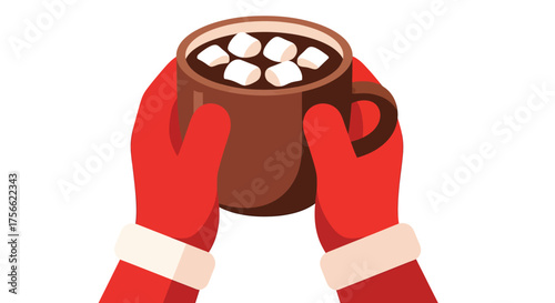 Hands in red mittens holding a mug of hot chocolate with marshmallows on a white surface, creating a cozy and warm winter scene.