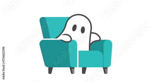 Cute ghost sits comfortably on a teal armchair in a cozy living room, creating a playful and whimsical atmosphere.