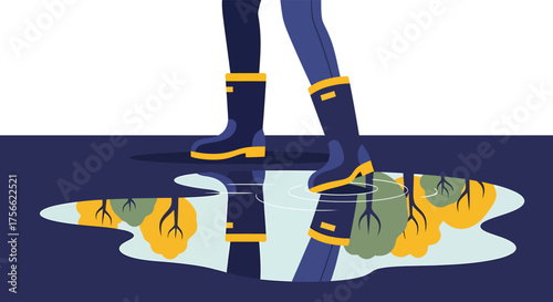 Person wearing rain boots steps into puddle reflecting trees on rainy day, creating whimsical and peaceful scene.