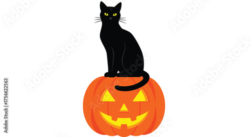 Black cat sits atop a glowing jacko'lantern on halloween night, creating a spooky and festive scene with its eerie presence.
