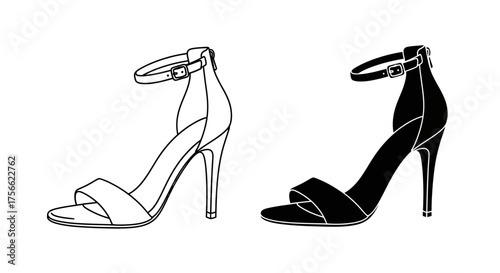 Set of high-heeled ankle strap sandals in outline and silhouette vector style