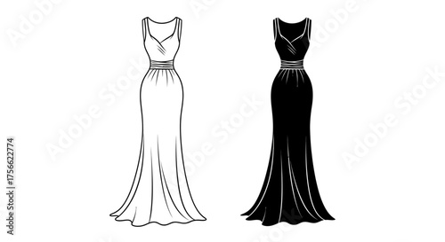 Elegant Formal Gowns Black and White Fashion Illustration of Stylish Long Dresses