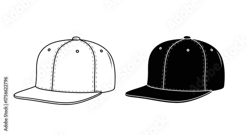 Two Baseball Caps - Black and White Illustration