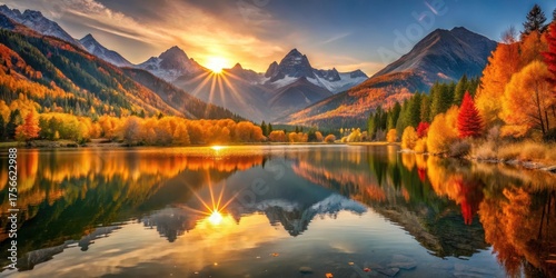 Serene Autumn Sunset Over a Mountain Lake, Reflecting Vibrant Fall Foliage and Majestic Peaks