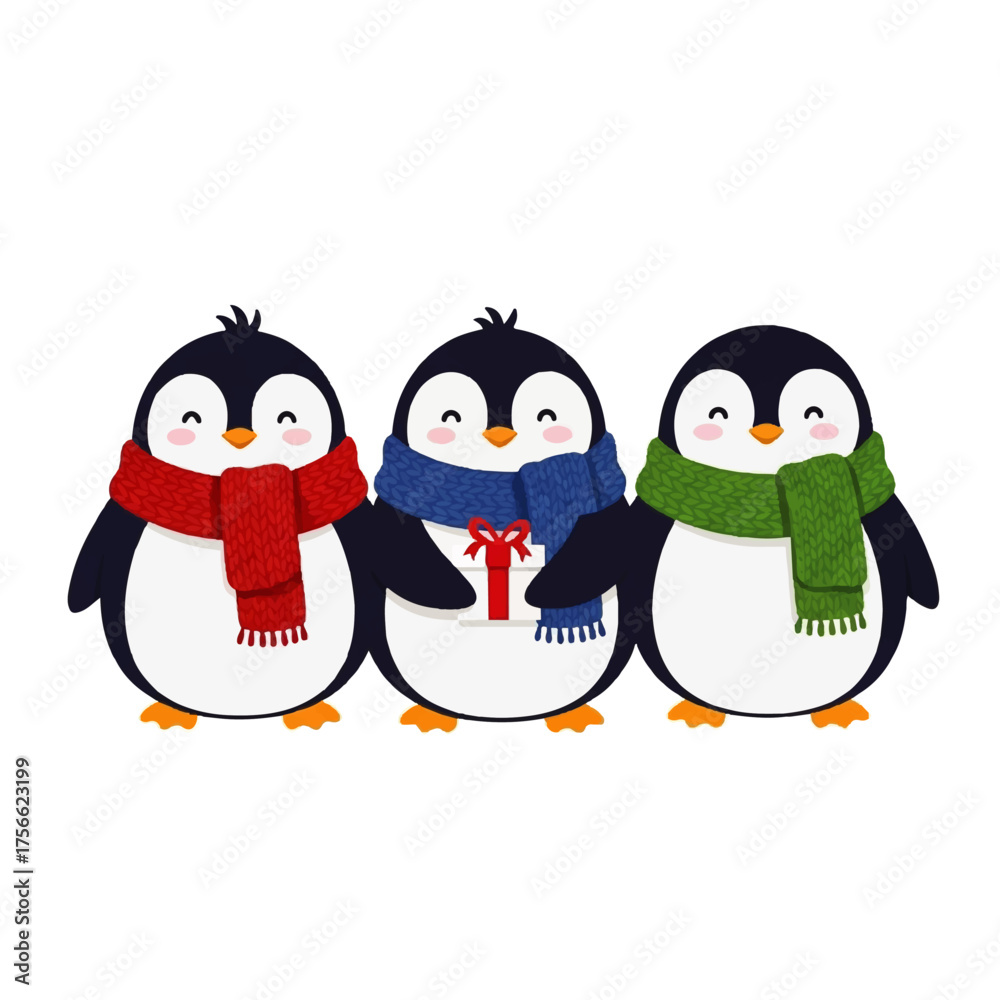 Fototapeta premium Three Cute Penguins in Winter Scarves with Gifts