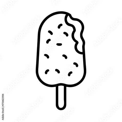 A delicious ice cream treat with a missing bite, featuring a unique shape and a wooden stick