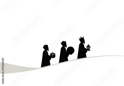 Three Wise Men Silhouette with Gifts, Crowns, and Beards on a Snowy Hill