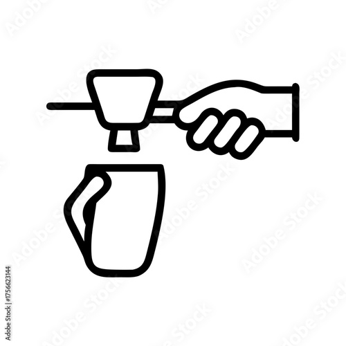 Coffee making illustration, showing a hand with a portafilter pouring coffee into a cup