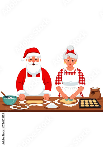 Festive Santa and Mrs. Claus baking Christmas cookies, rolling dough and using cutters, wearing aprons.