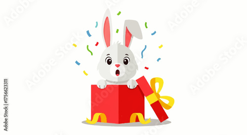 Surprised White Rabbit Emerging from Red Gift Box with Yellow Bow