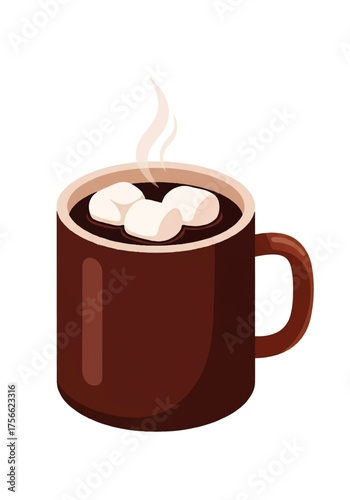 Illustrated brown mug of steaming hot chocolate topped with three fluffy marshmallows.