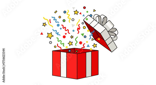 Open Red Gift Box with Confetti and Ribbon, Vector Illustration