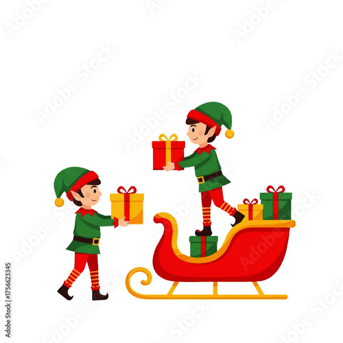 Two cheerful Christmas elves loading festive gifts onto a red sleigh, flat cartoon style.
