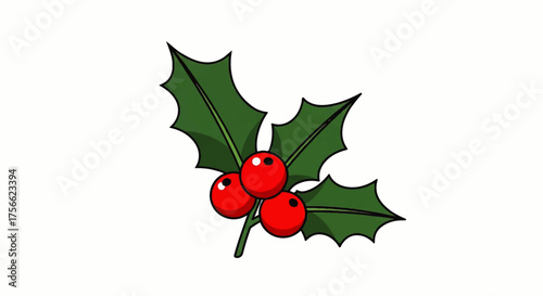 Illustrated Christmas holly sprig with three glossy red berries and spiky green leaves.