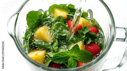Preparing a Healthy Green Smoothie with Fresh Fruits and Vegetables.