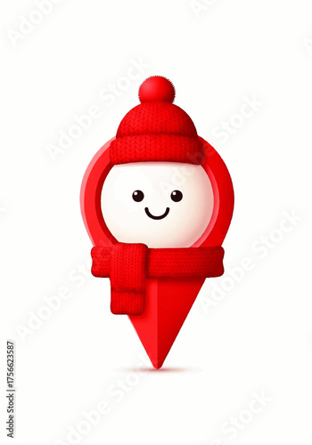 Cheerful Snowman Location Marker in Red Knit Hat and Scarf