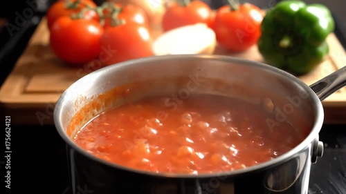 Simmering Homemade Tomato Sauce in a Pot with Fresh Vegetables.