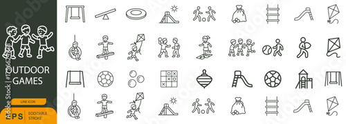 Outdoor Games Icon Set – Symbols of Playground Fun, Physical Activity, and Childhood Recreation