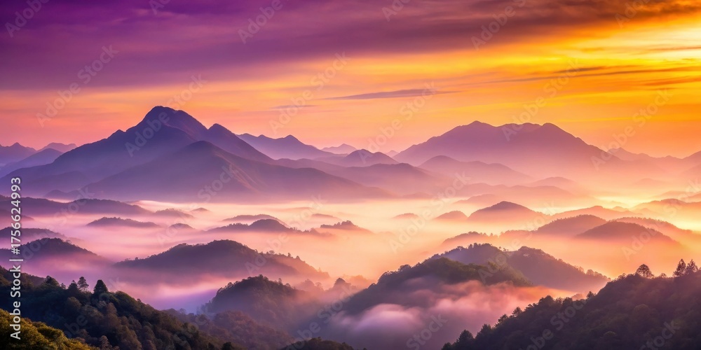 Obraz premium Serene Sunrise Over Misty Mountain Ranges, A Breathtaking Panorama of Nature's Majesty