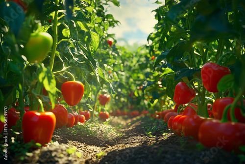 Bell peppers  glowing in community garden under blue sky. Sustainable Agriculture For Organic Food Production 