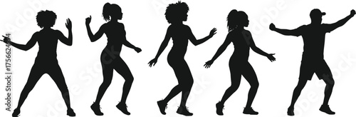 Silhouette dancers in motion, group dance poses, modern street style, energetic movement, fitness exercise, choreography performance, youth culture, celebration, artistic expression, rhythm