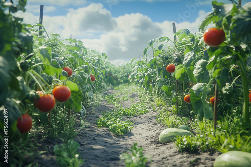Tomato glowing in community garden under blue sky. Sustainable Agriculture For Organic Food Production 