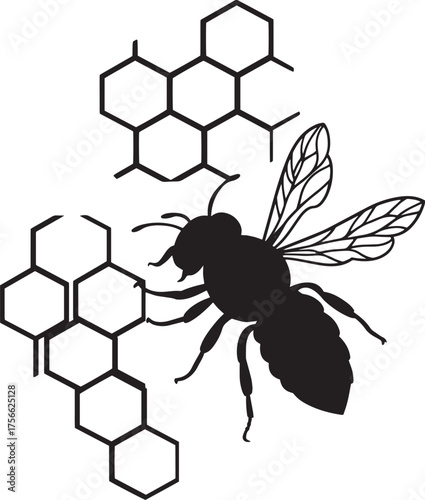 Black Silhouette of a Bee Hovering Near Honeycomb Cell Vector