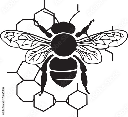 Black Silhouette of a Bee Hovering Near Honeycomb Cell Vector