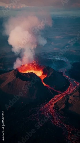 Aerial view of a volcano eruption in Iceland
