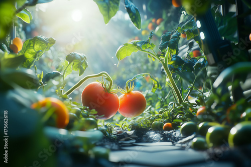 Tomato glowing in community garden under blue sky. Sustainable Agriculture For Organic Food Production 