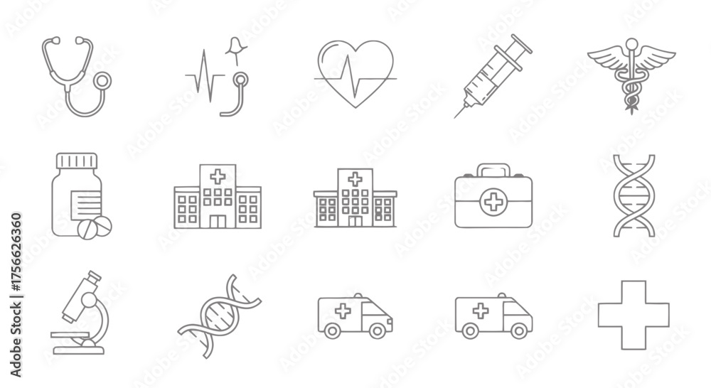 Fototapeta premium Vector illustration featuring medical icons including stethoscope, heart, syringe, and ambulance line art