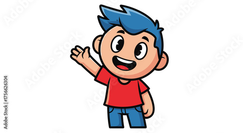 Vector  cartoon boy with blue hair wearing a red shirt and blue jeans waving his hand cheerfully