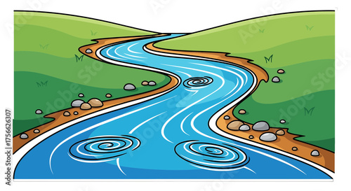 Vector  illustration of a winding blue river with whirlpools flowing through green hills and scattered rocks