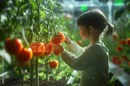 Girl picking ripe tomatoes from lush vegetable garden interface holographic digital data. Sustainable Agriculture For Organic Food Production 