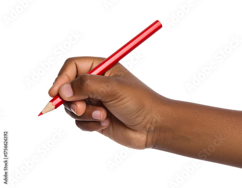 Hand holding red pencil writing drawing art education study on transparent background