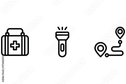 Adventure Survival Icon Set – First Aid Kit, Flashlight, and Distance